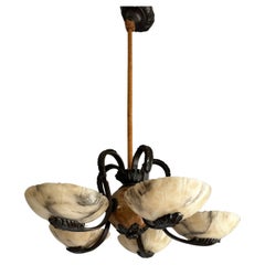 Marvelous Bronze Art Deco Chandelier / Pendant with Five Carved Alabaster Shades