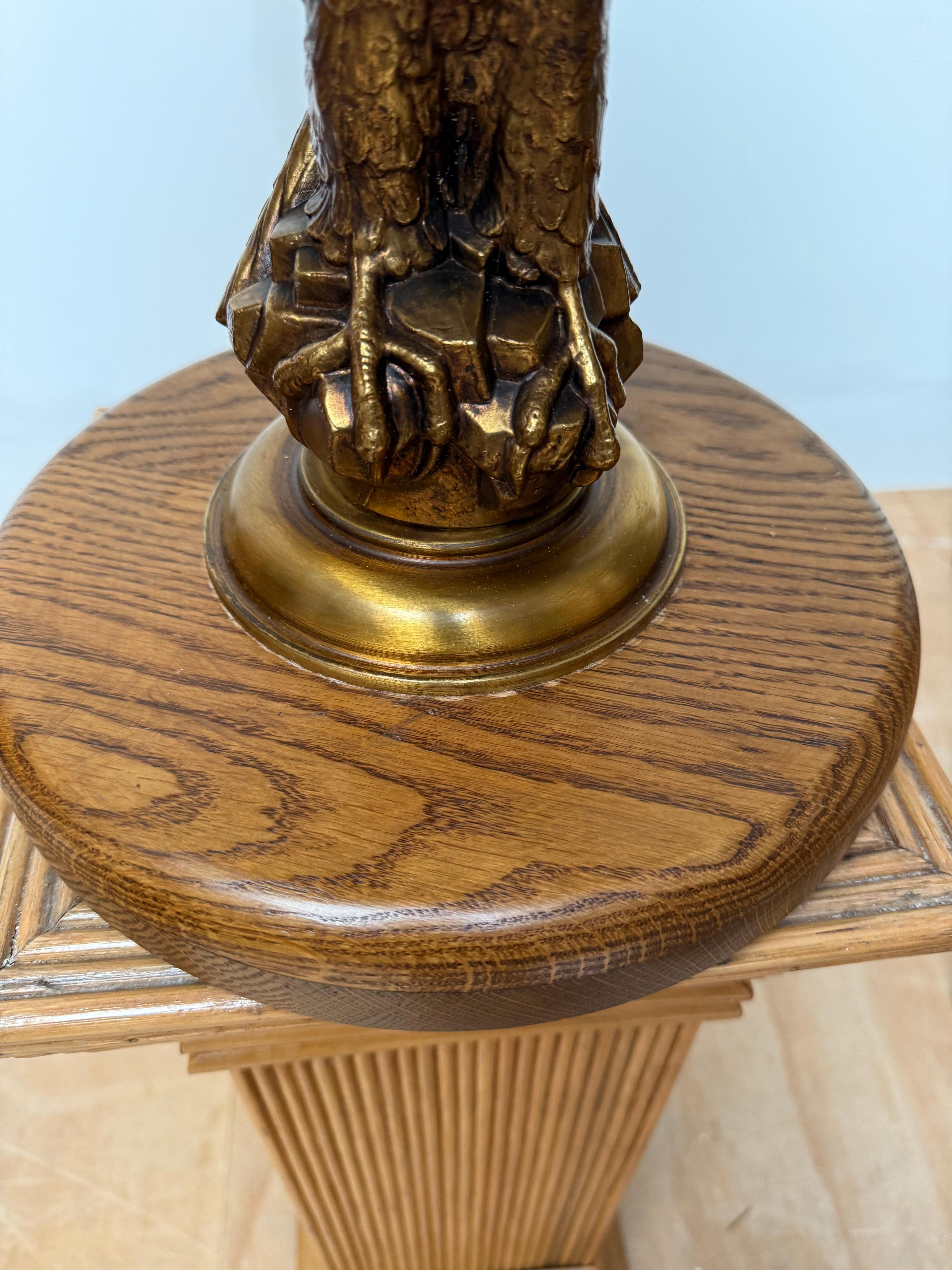20th Century Stunning Oak and Bronzed w Bald Eagle Round End Table / Wine Table / Plant Stand For Sale