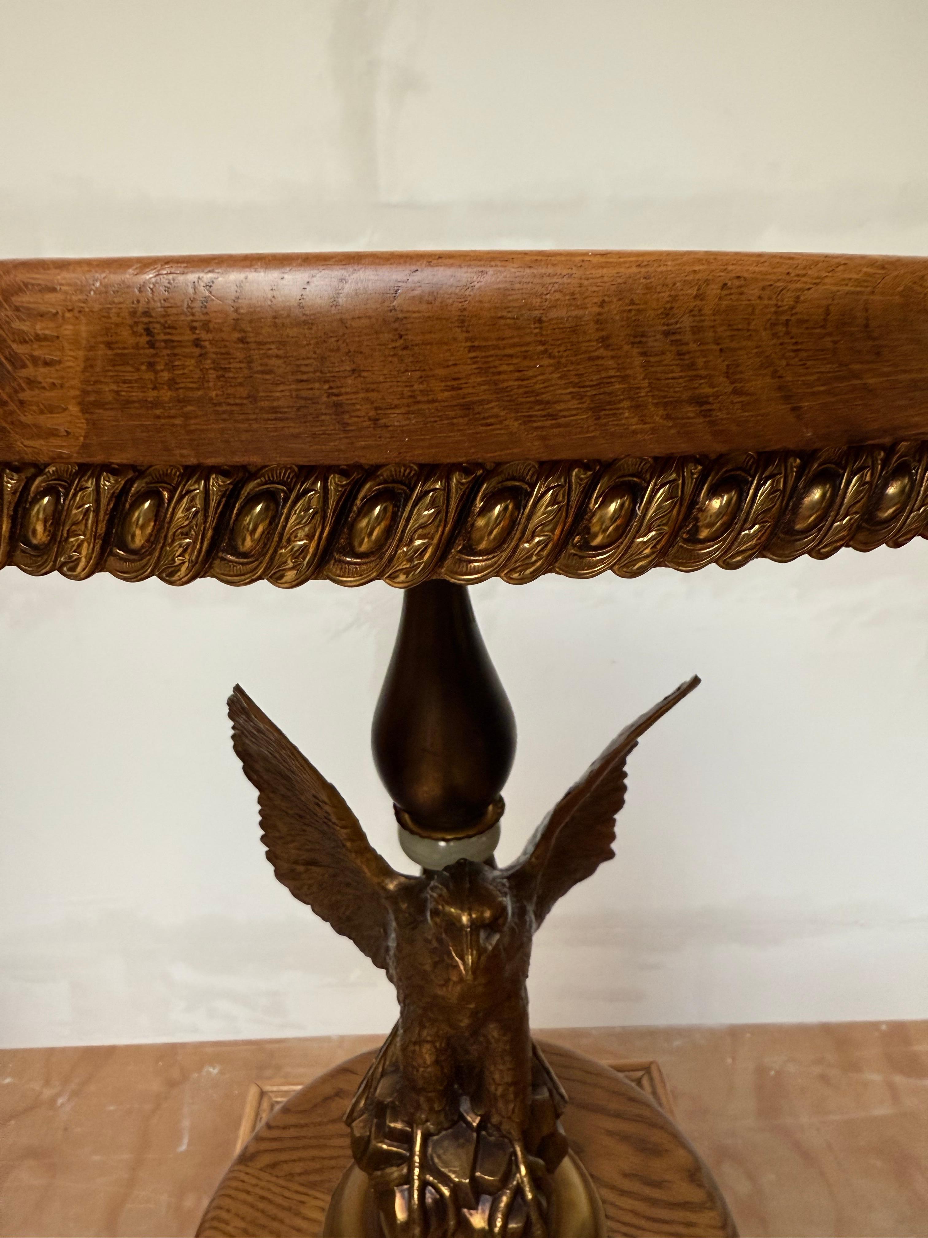 Stunning Oak and Bronzed w Bald Eagle Round End Table / Wine Table / Plant Stand For Sale 1