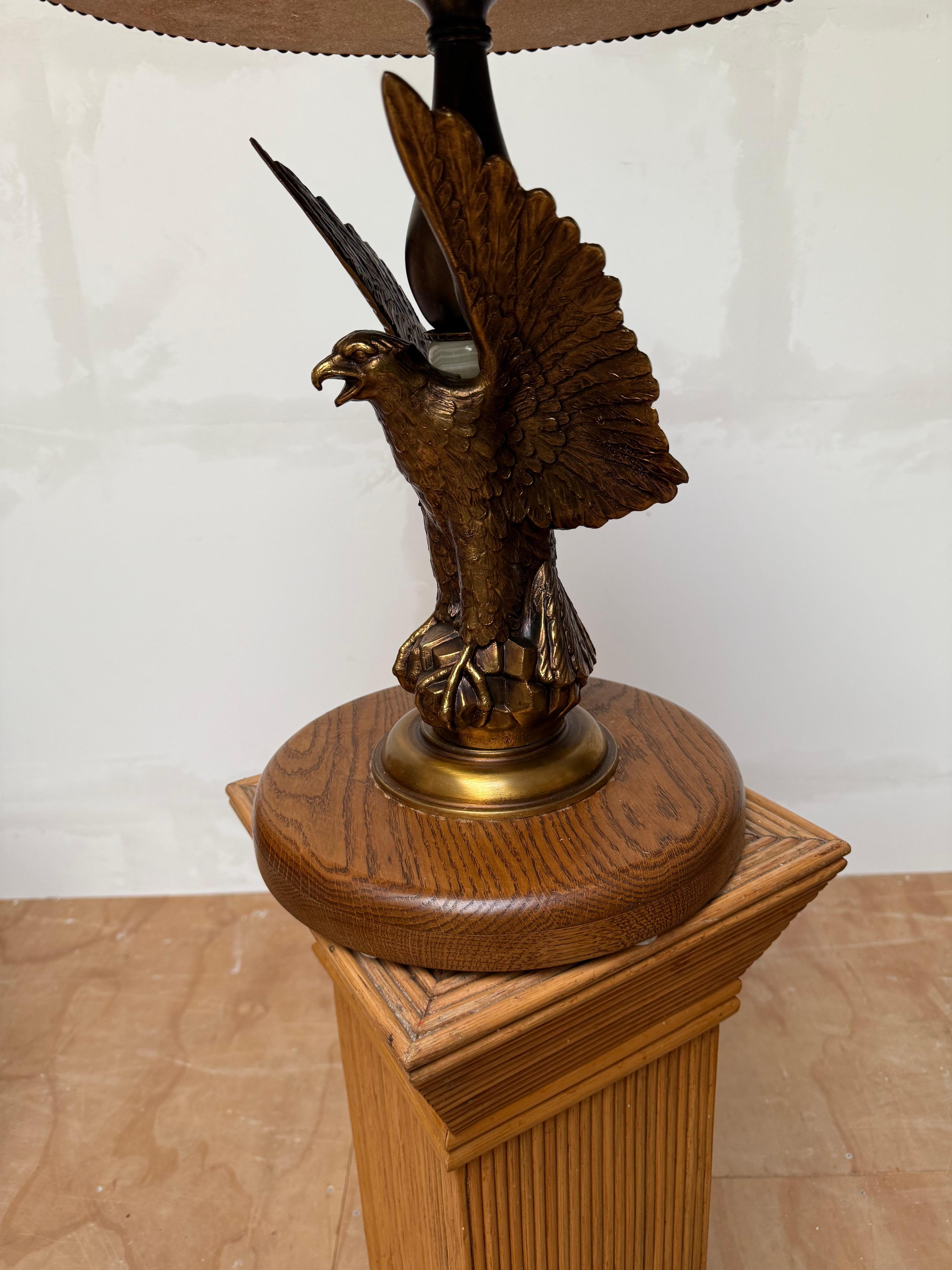 European Stunning Oak and Bronzed w Bald Eagle Round End Table / Wine Table / Plant Stand For Sale