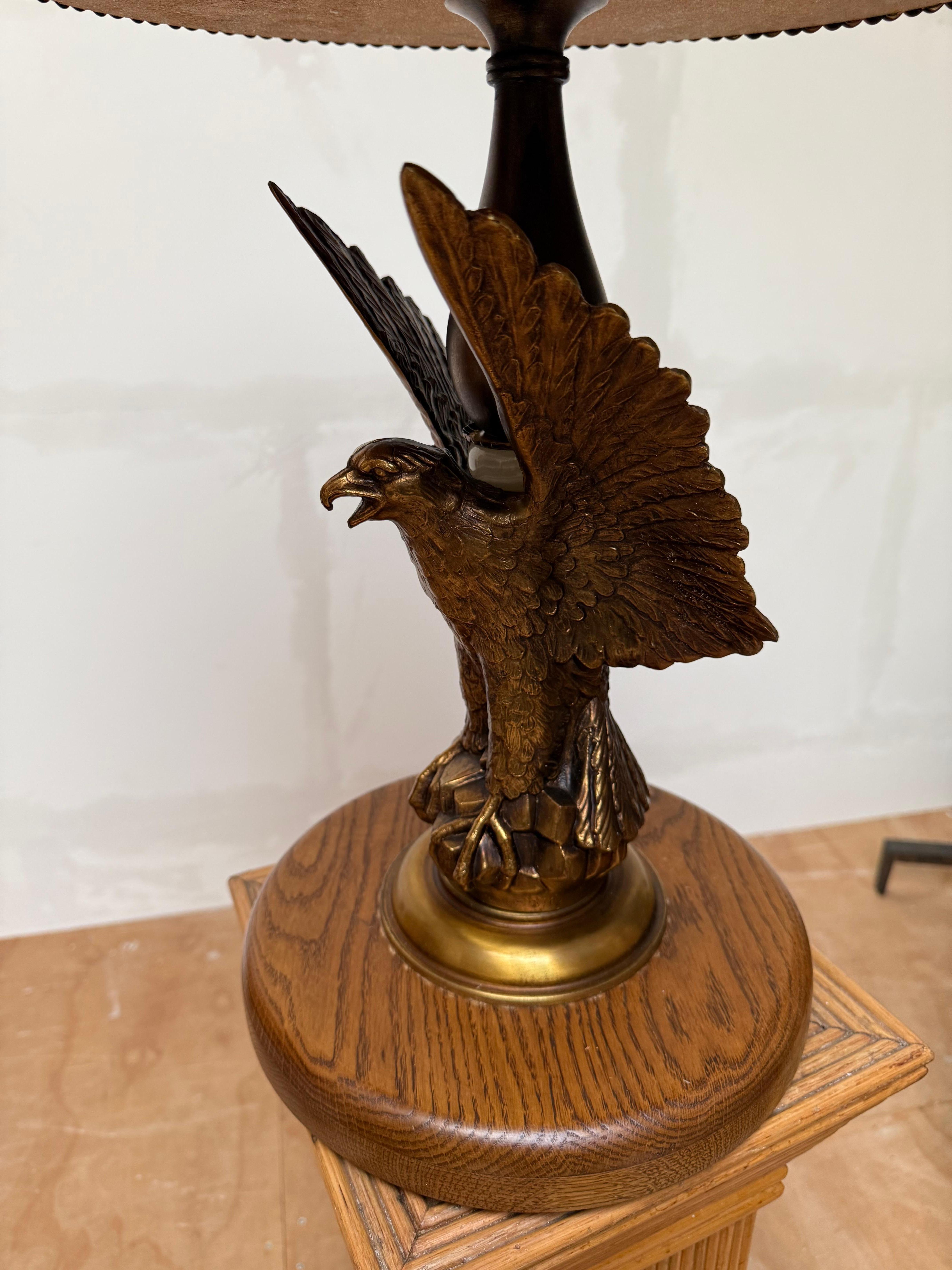 Stunning Oak and Bronzed w Bald Eagle Round End Table / Wine Table / Plant Stand For Sale 11