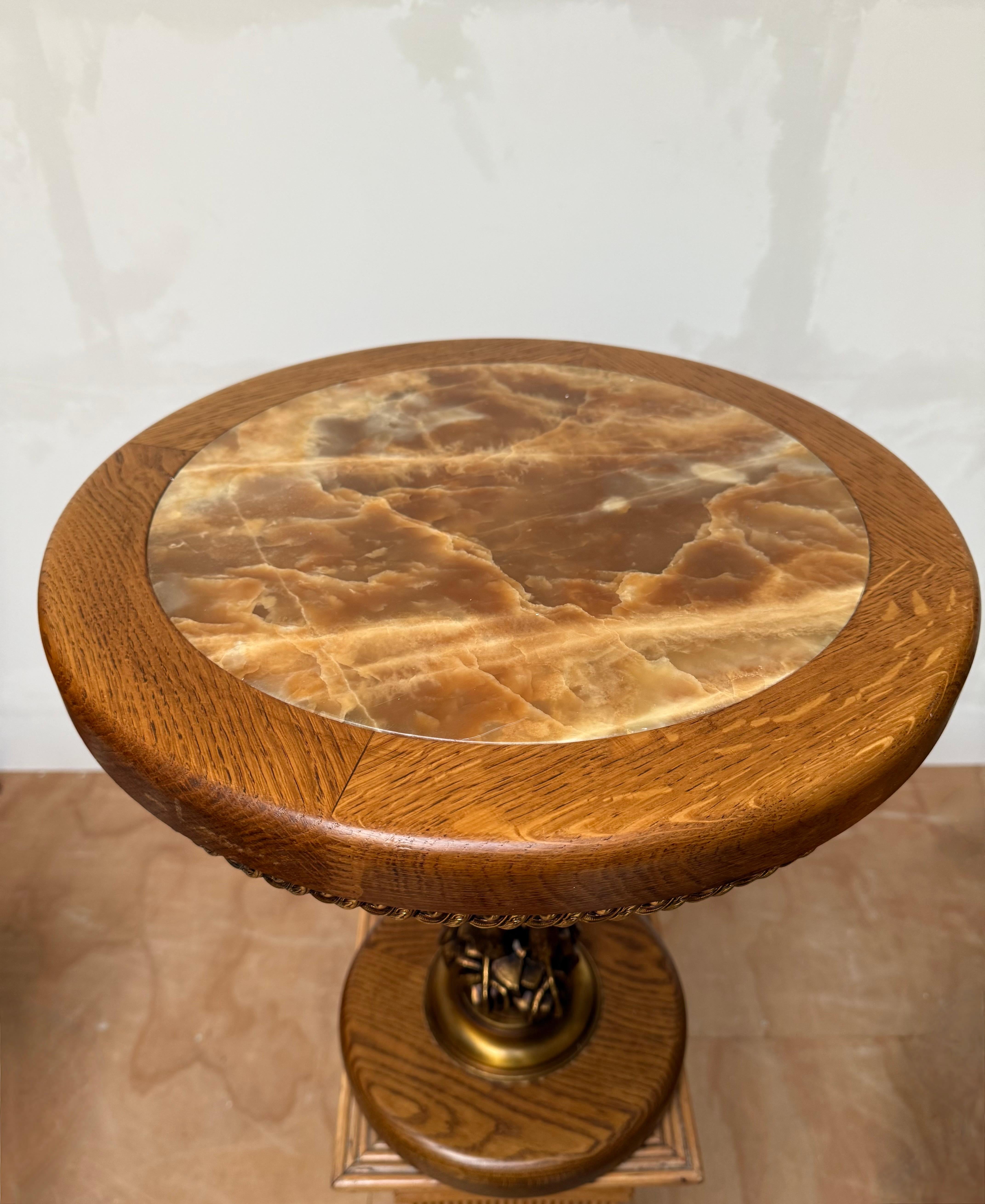 Stunning Oak and Bronzed w Bald Eagle Round End Table / Wine Table / Plant Stand For Sale 2