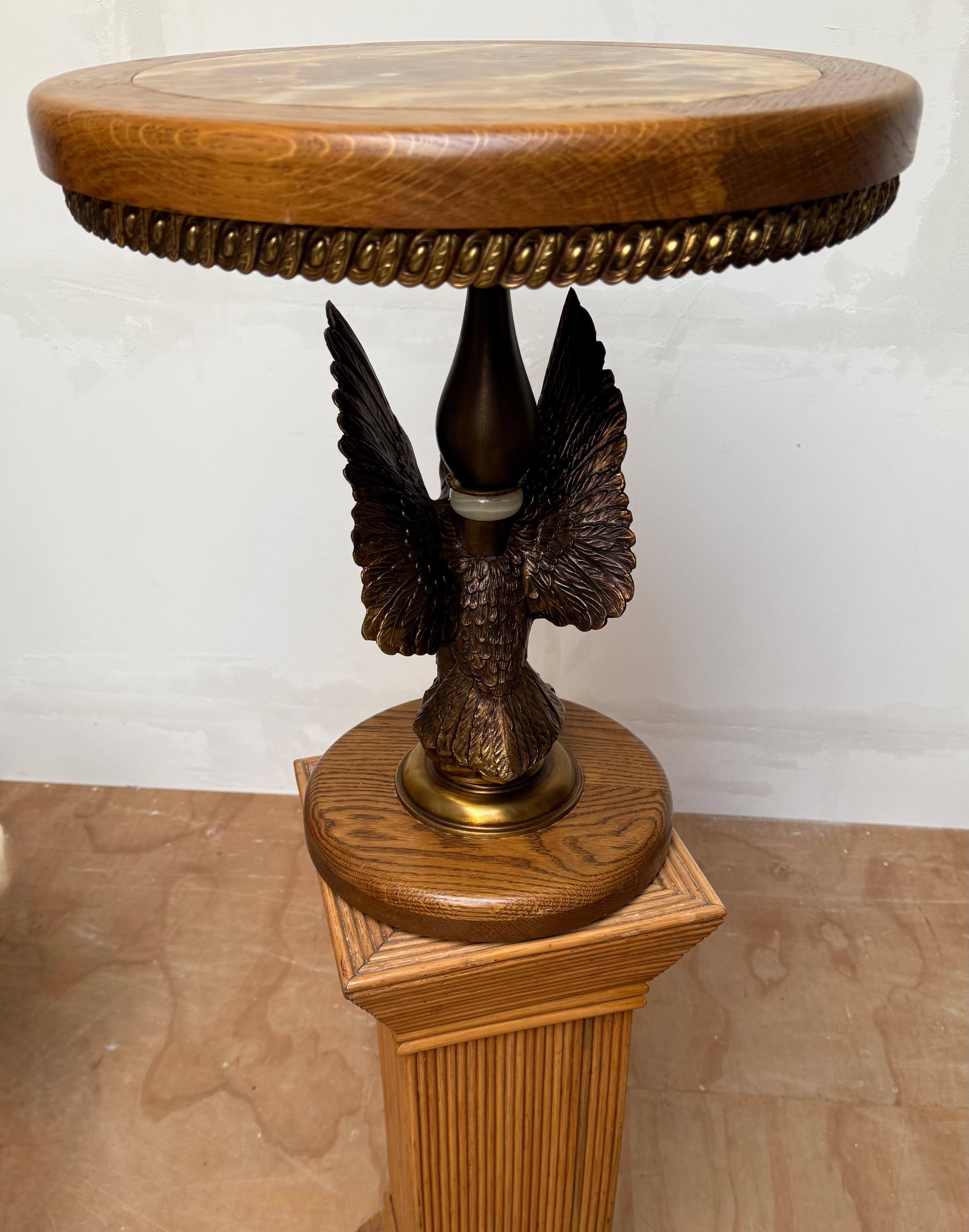 Stunning Oak and Bronzed w Bald Eagle Round End Table / Wine Table / Plant Stand For Sale 12