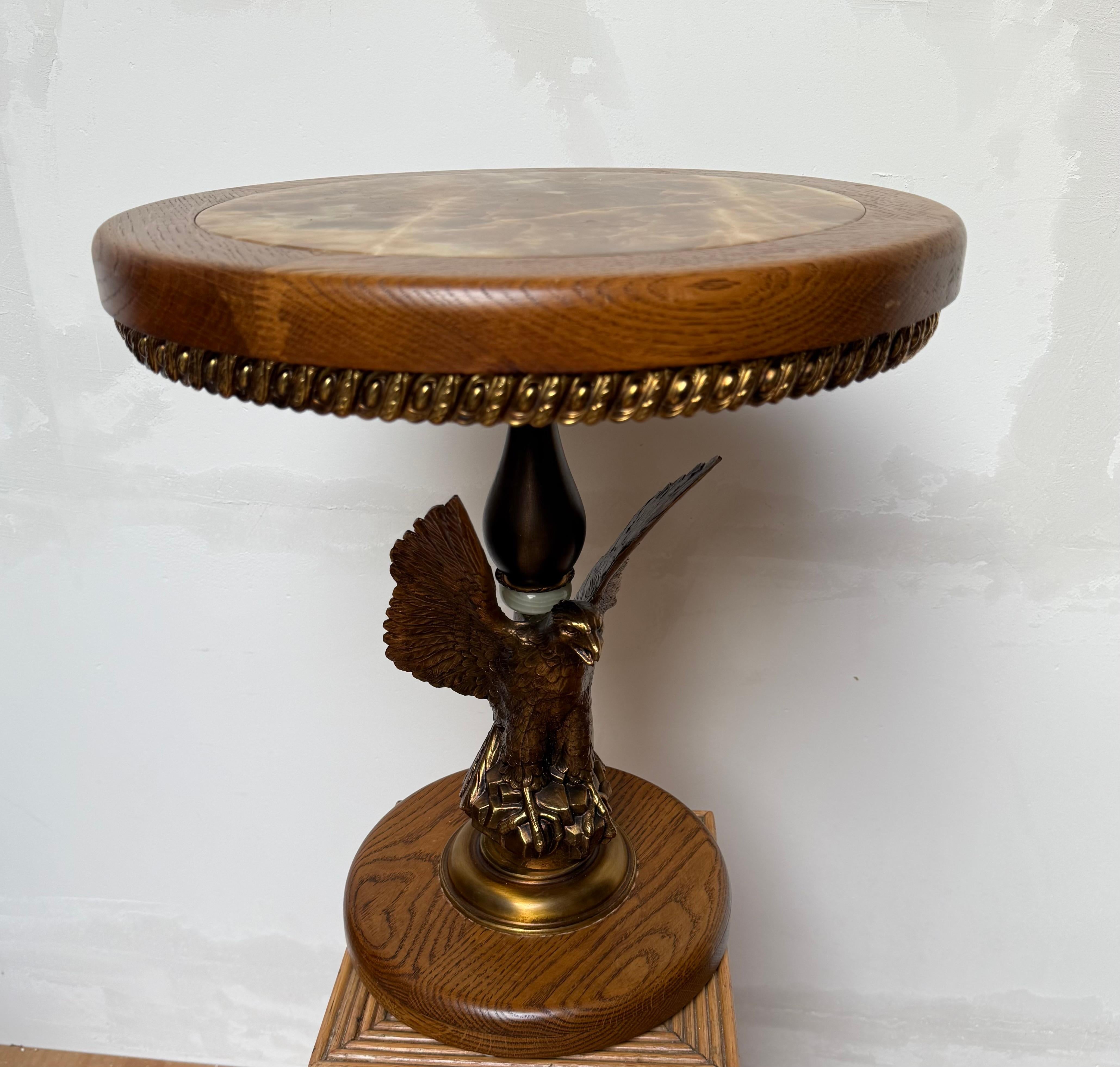 Revival Stunning Oak and Bronzed w Bald Eagle Round End Table / Wine Table / Plant Stand For Sale