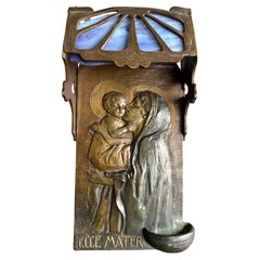 Antique Mary & Jesus Bronze & Glass Wall or Table Lamp Plaque & Holy Water Font