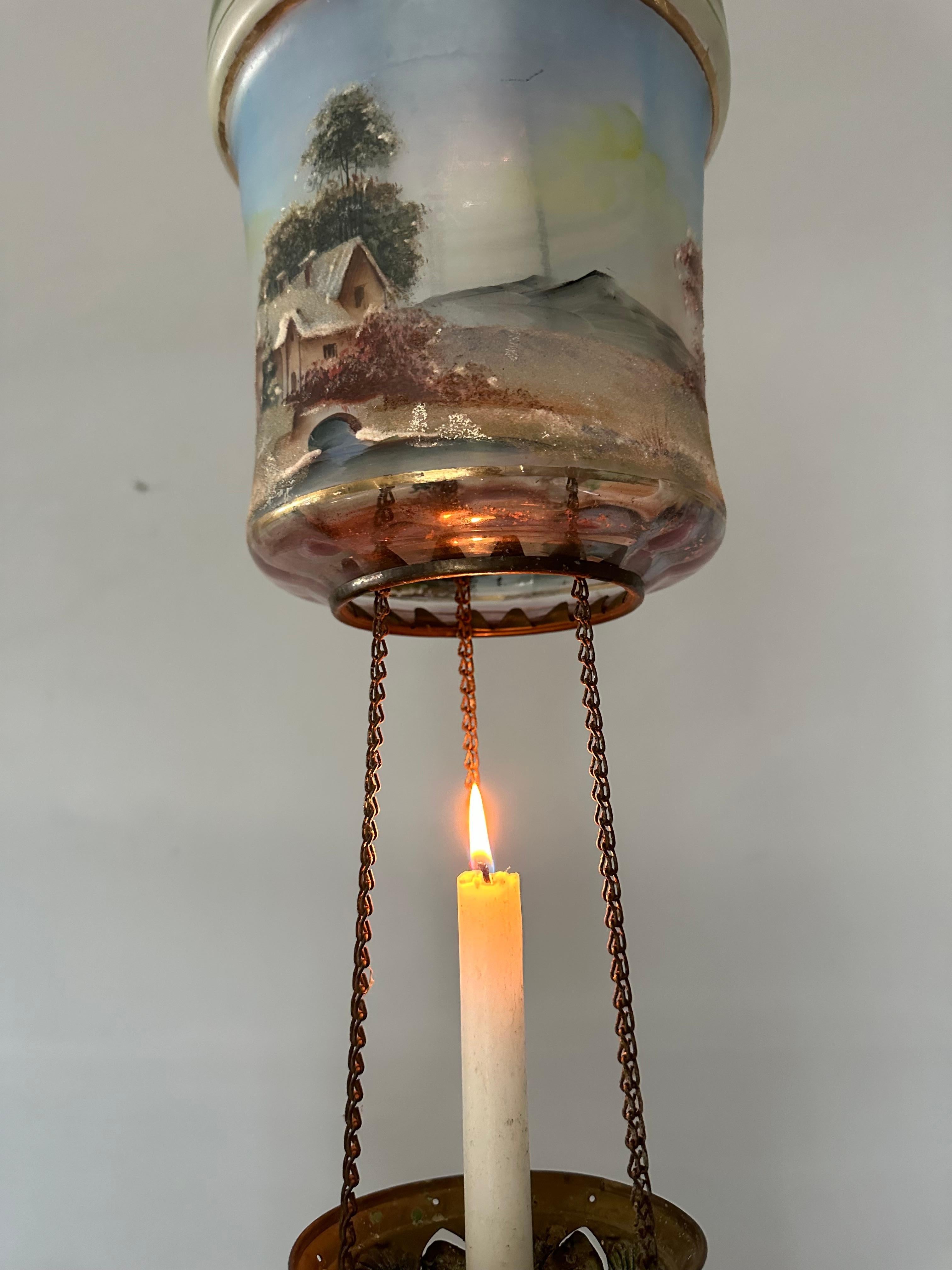 Rare Victorian Hand-Painted Glass Candle Lantern Pendant with Lake House Scene For Sale 13