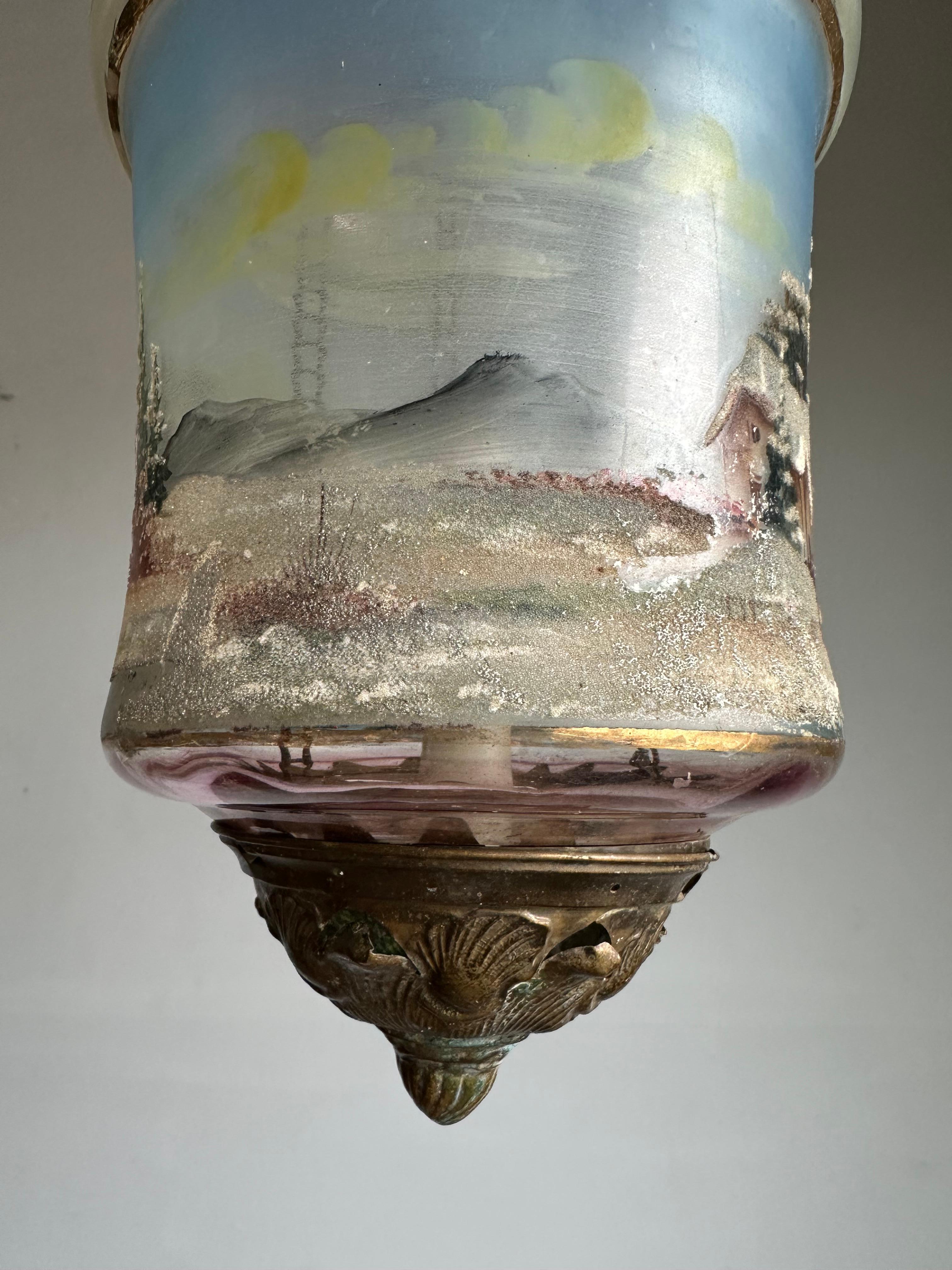 Rare Victorian Hand-Painted Glass Candle Lantern Pendant with Lake House Scene For Sale 3