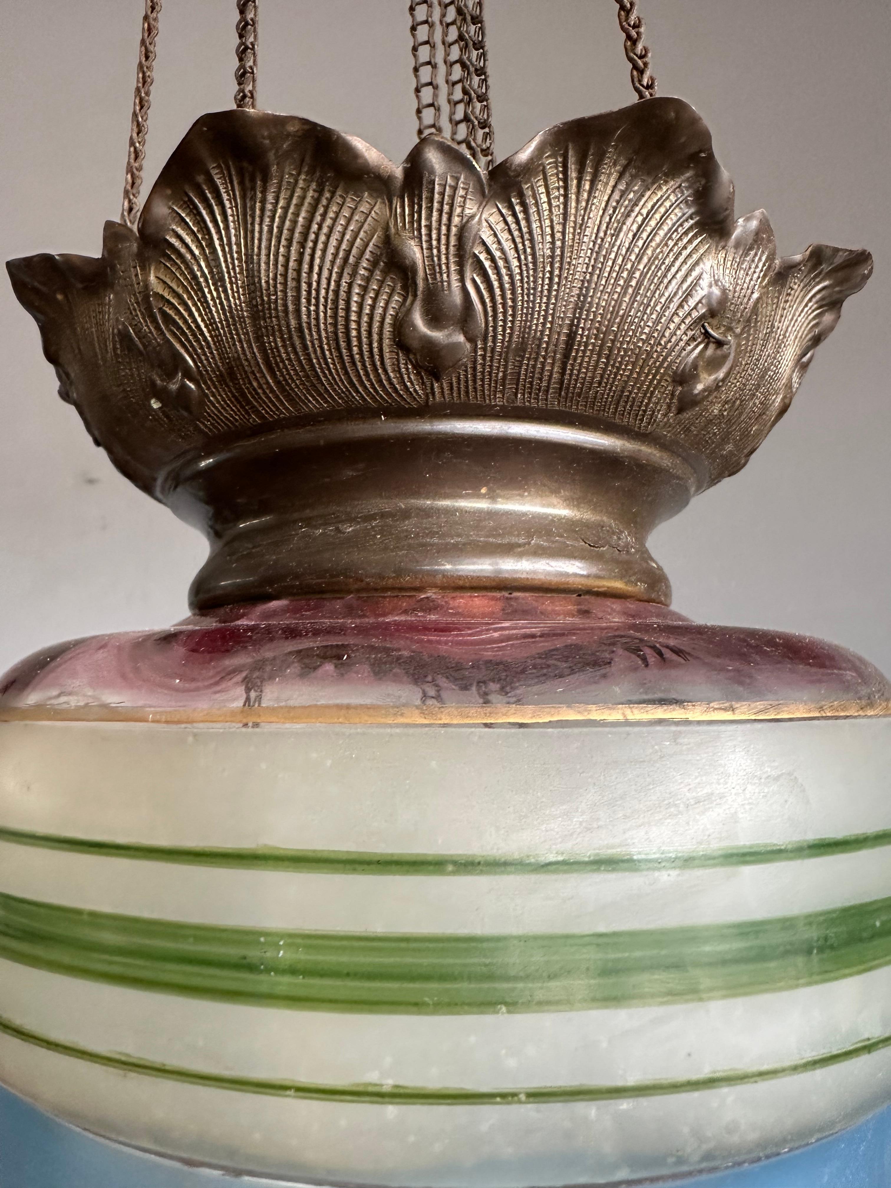 Rare Victorian Hand-Painted Glass Candle Lantern Pendant with Lake House Scene For Sale 4
