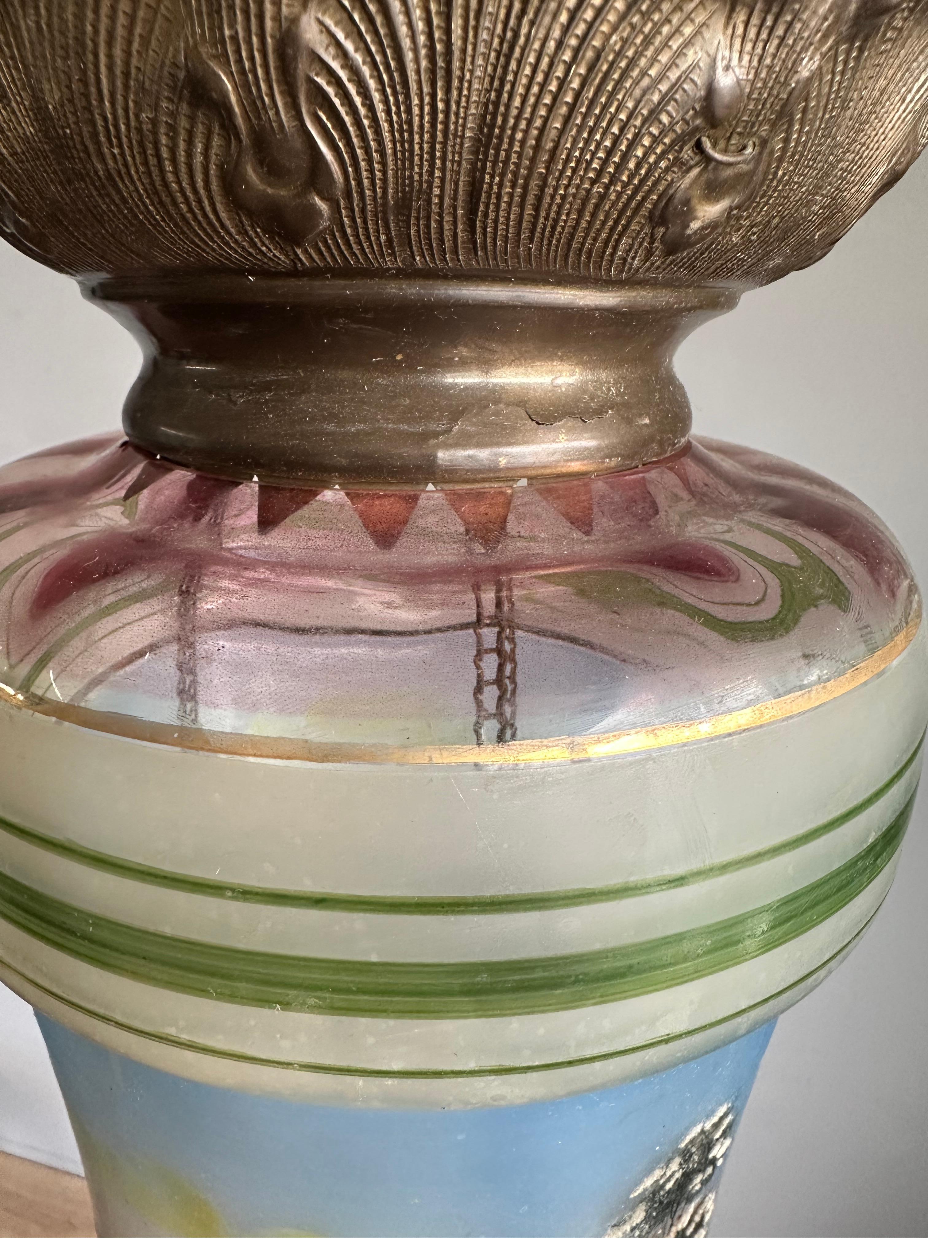 Rare Victorian Hand-Painted Glass Candle Lantern Pendant with Lake House Scene For Sale 5