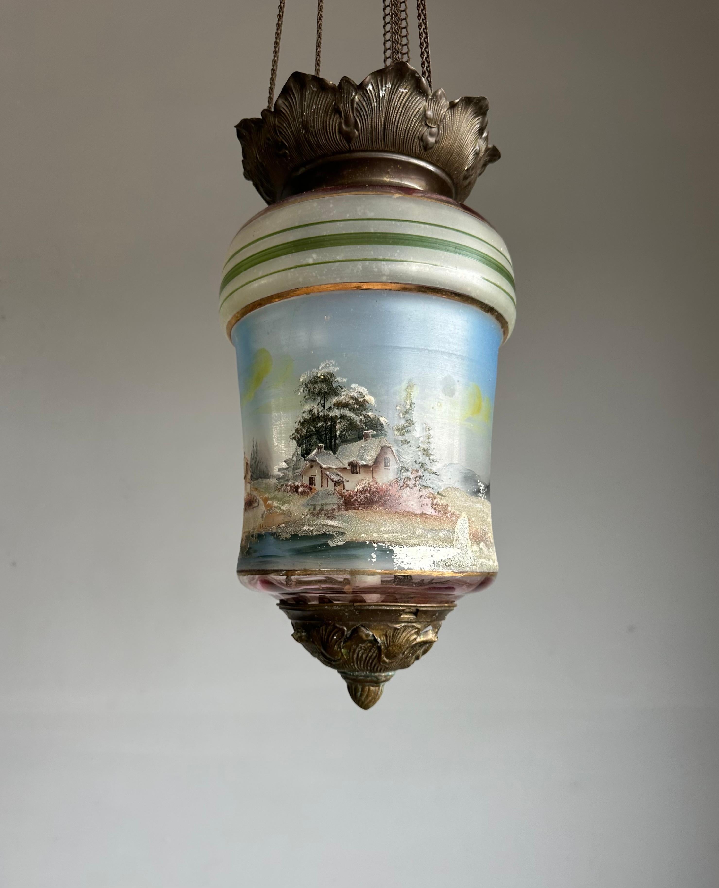 European Rare Victorian Hand-Painted Glass Candle Lantern Pendant with Lake House Scene For Sale