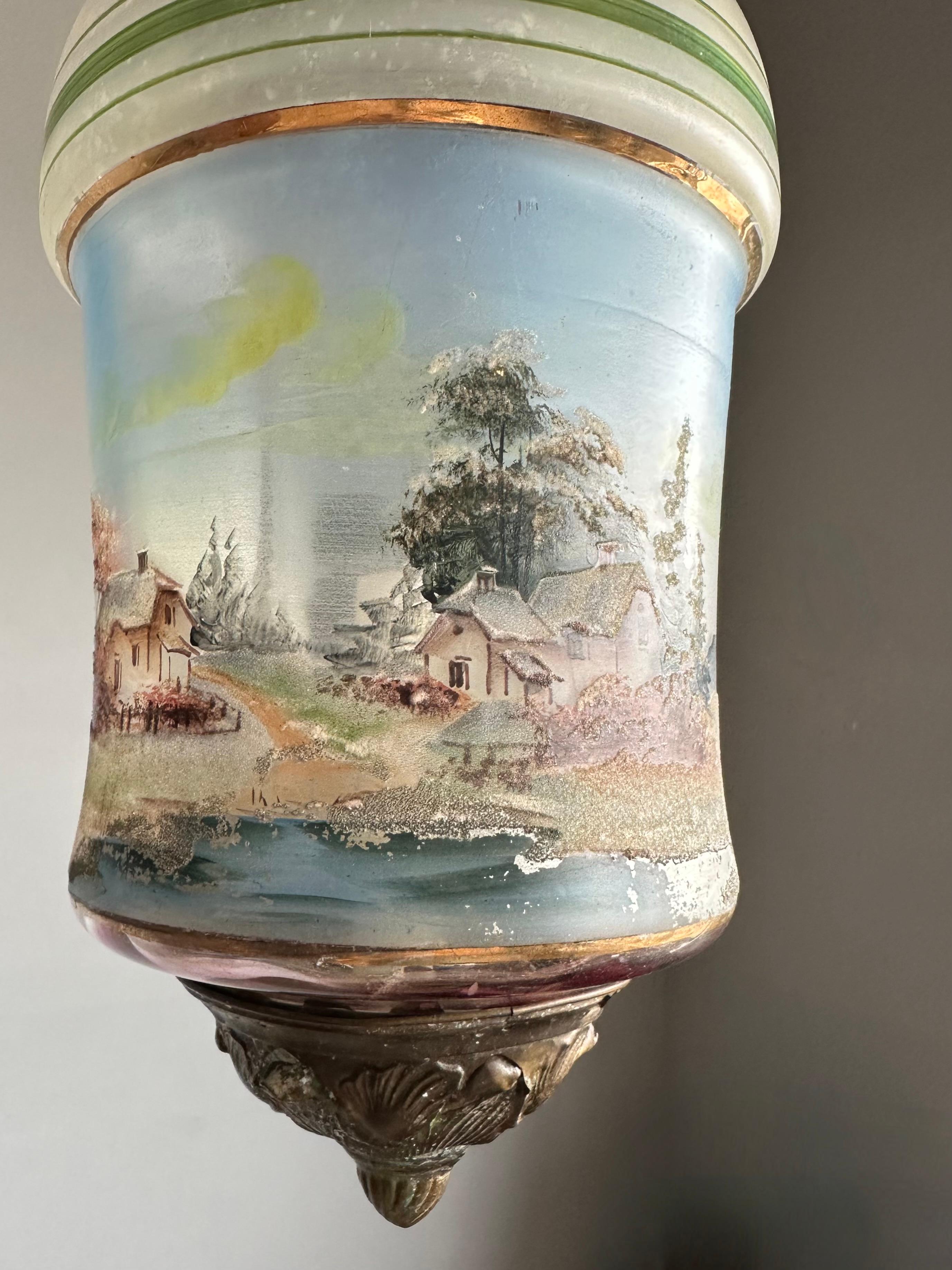 Hand-Crafted Rare Victorian Hand-Painted Glass Candle Lantern Pendant with Lake House Scene For Sale