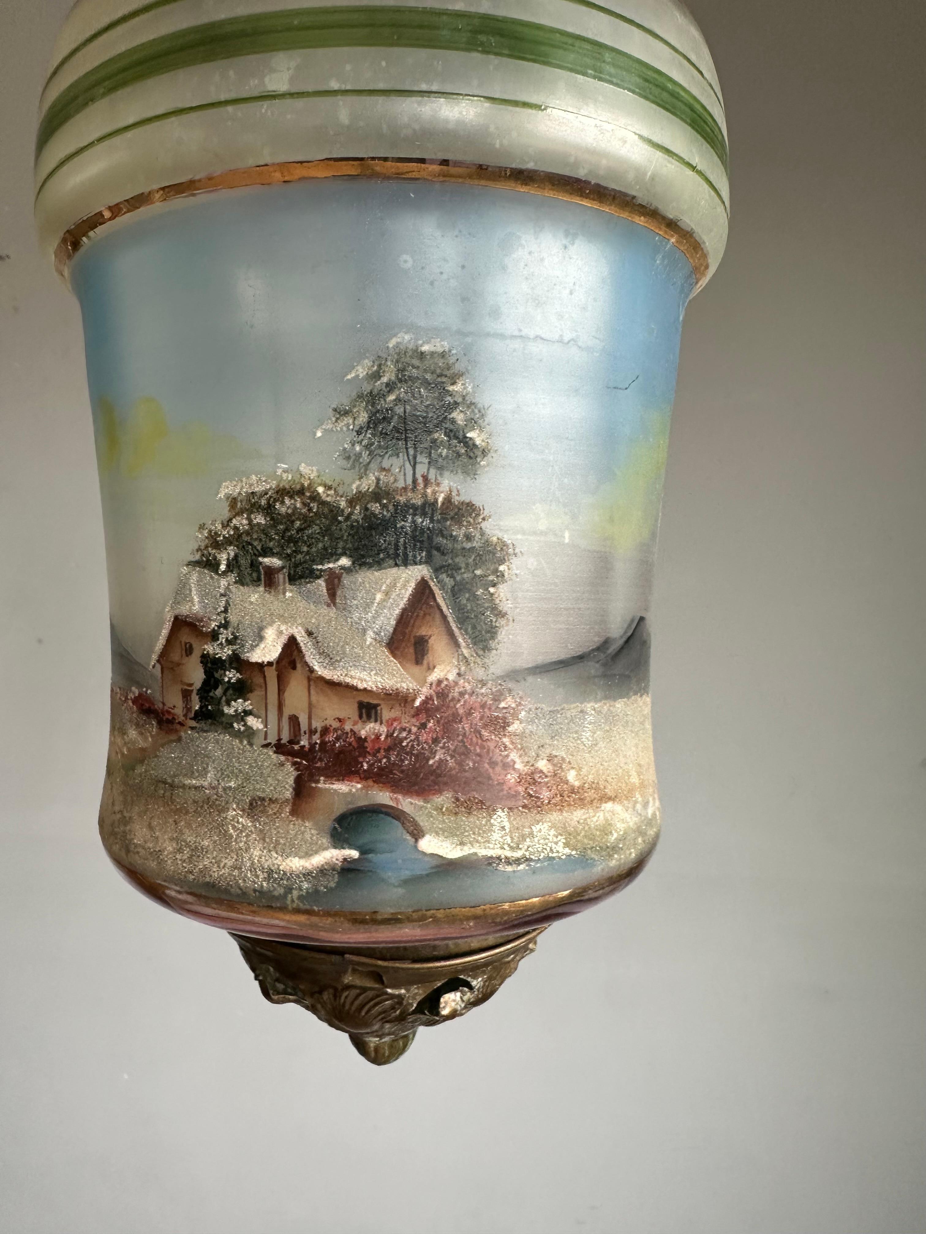 Rare Victorian Hand-Painted Glass Candle Lantern Pendant with Lake House Scene In Good Condition For Sale In Lisse, NL
