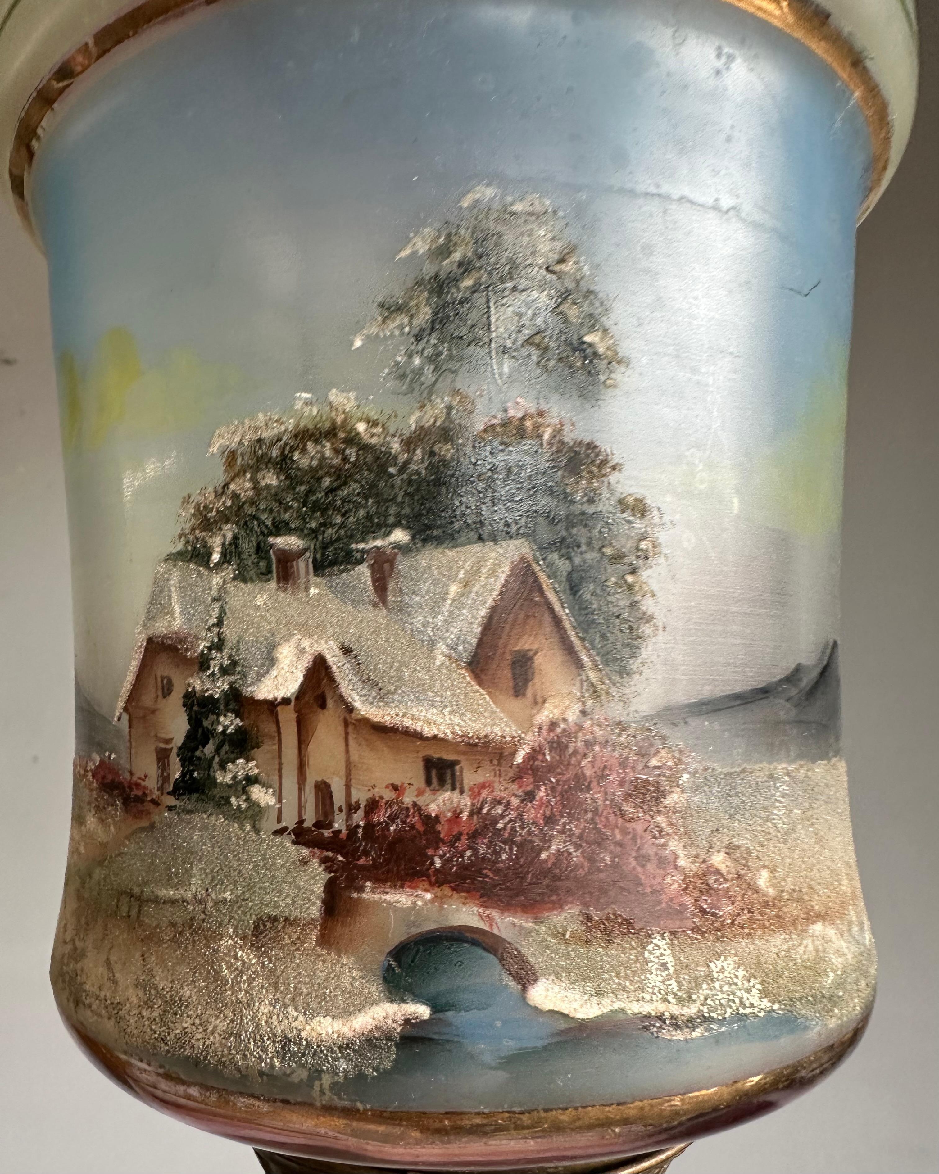 Brass Rare Victorian Hand-Painted Glass Candle Lantern Pendant with Lake House Scene For Sale