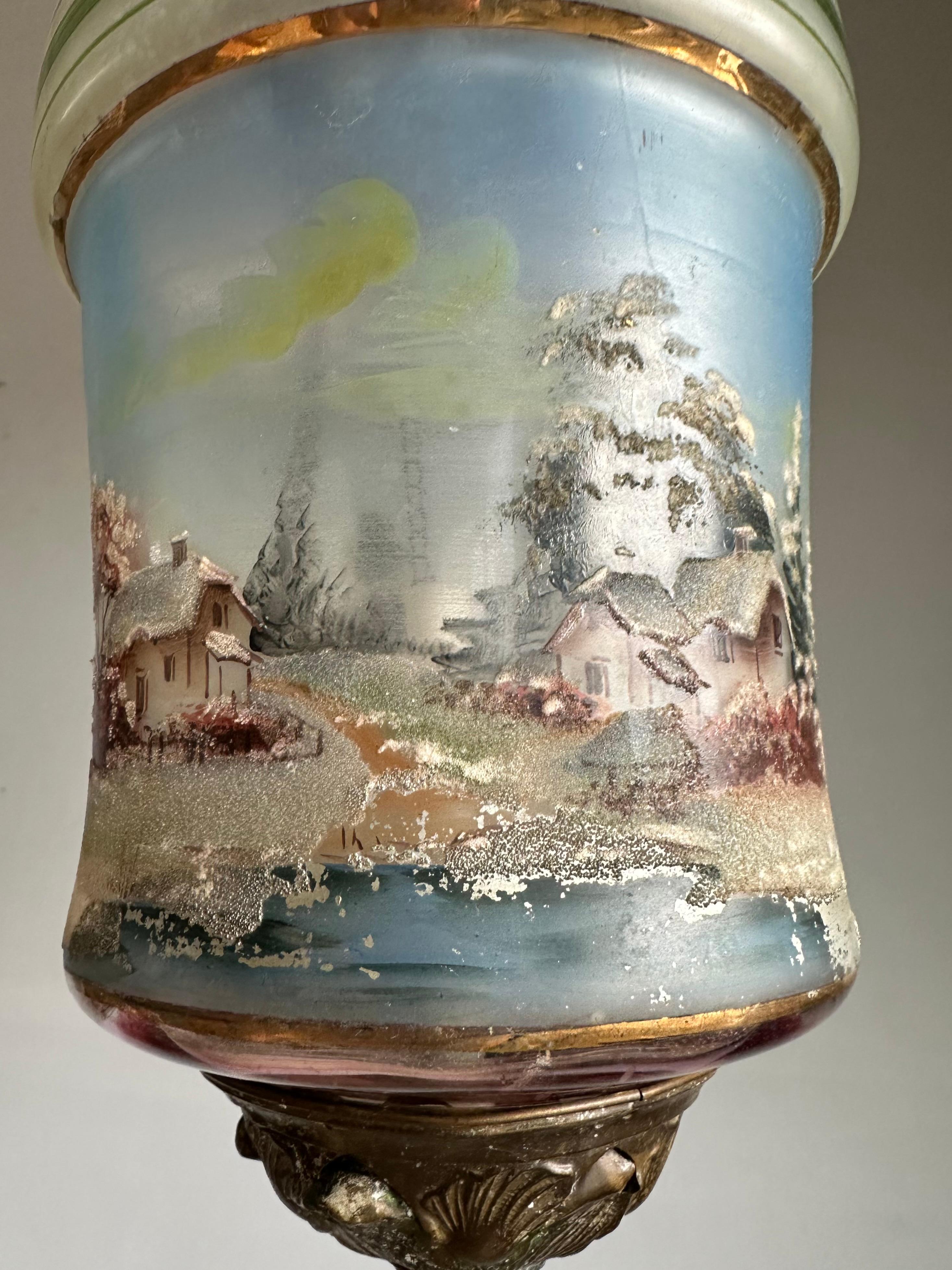 Rare Victorian Hand-Painted Glass Candle Lantern Pendant with Lake House Scene For Sale 2