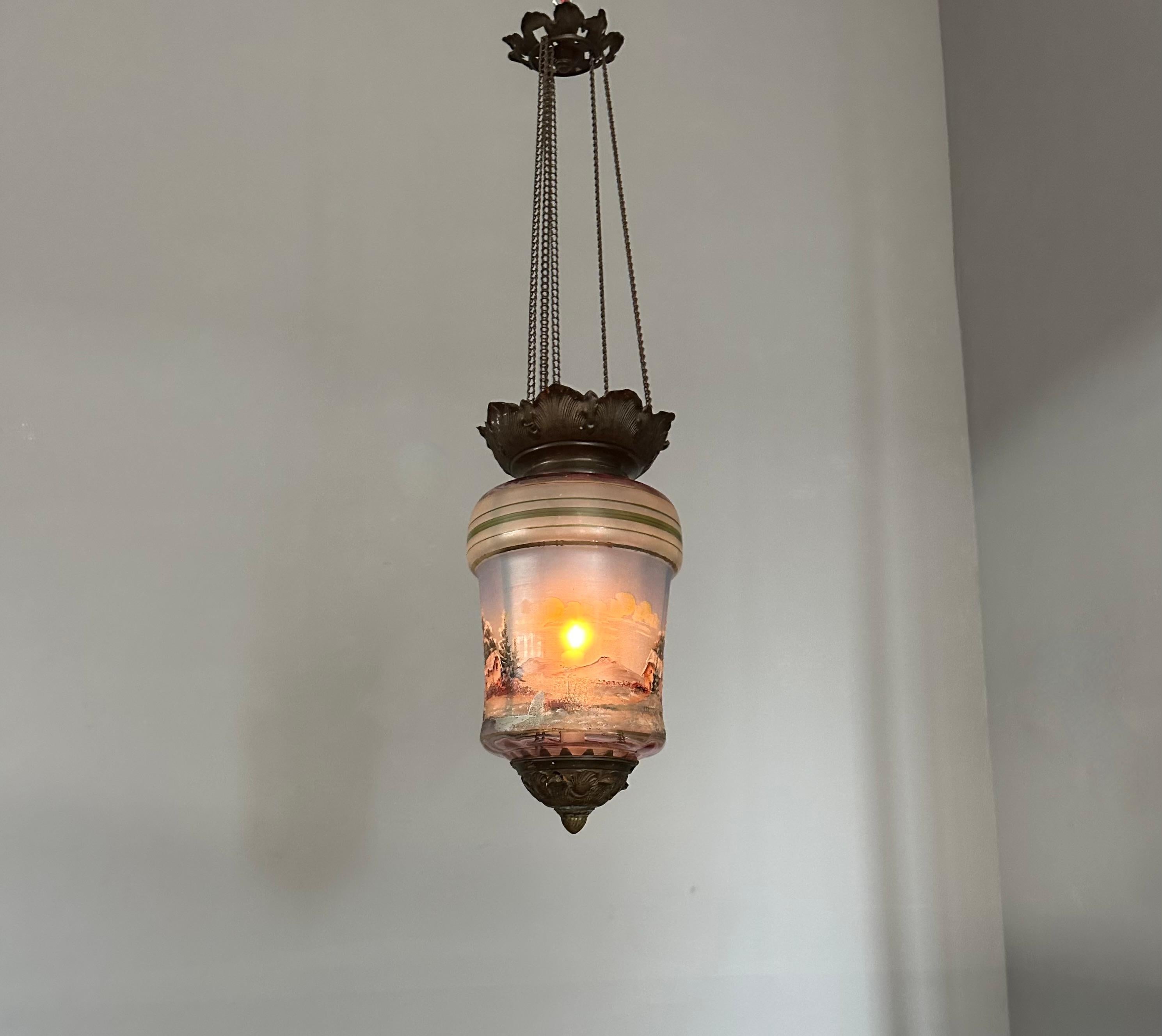 Rare Victorian Hand-Painted Glass Candle Lantern Pendant with Lake House Scene For Sale 12