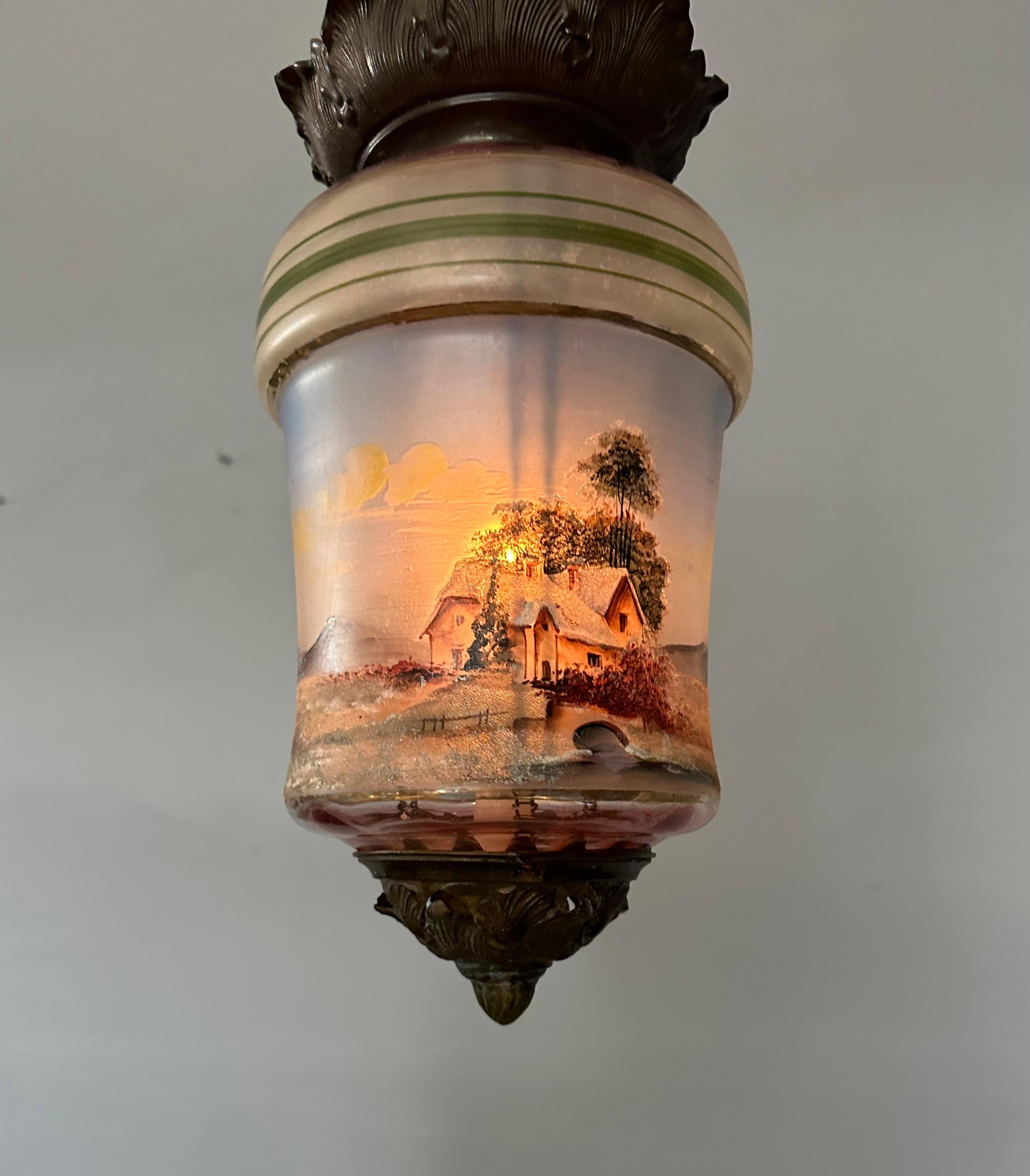 Rare Victorian Hand-Painted Glass Candle Lantern Pendant with Lake House Scene For Sale 8