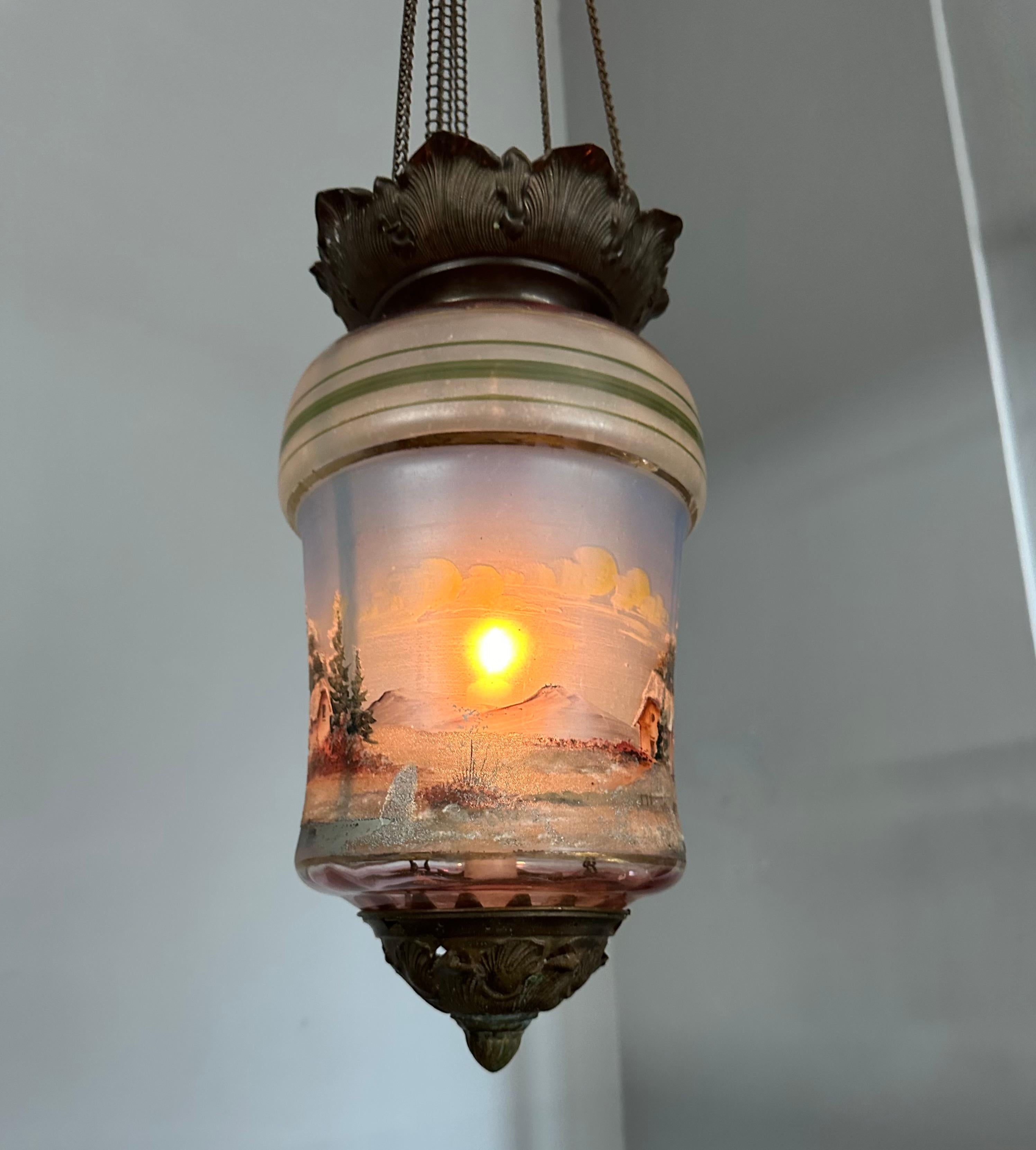 Rare Victorian Hand-Painted Glass Candle Lantern Pendant with Lake House Scene For Sale 9