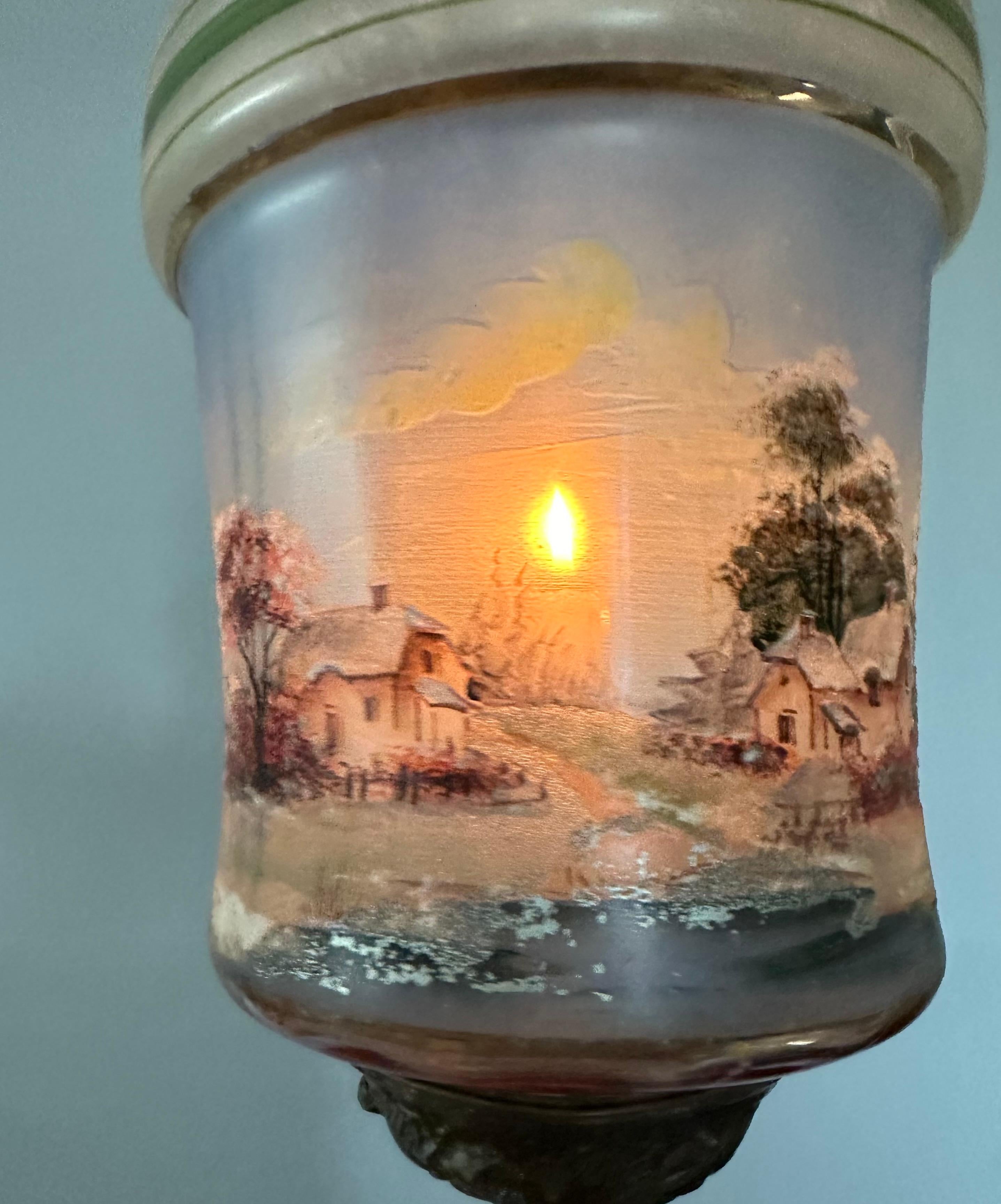 Rare Victorian Hand-Painted Glass Candle Lantern Pendant with Lake House Scene For Sale 10