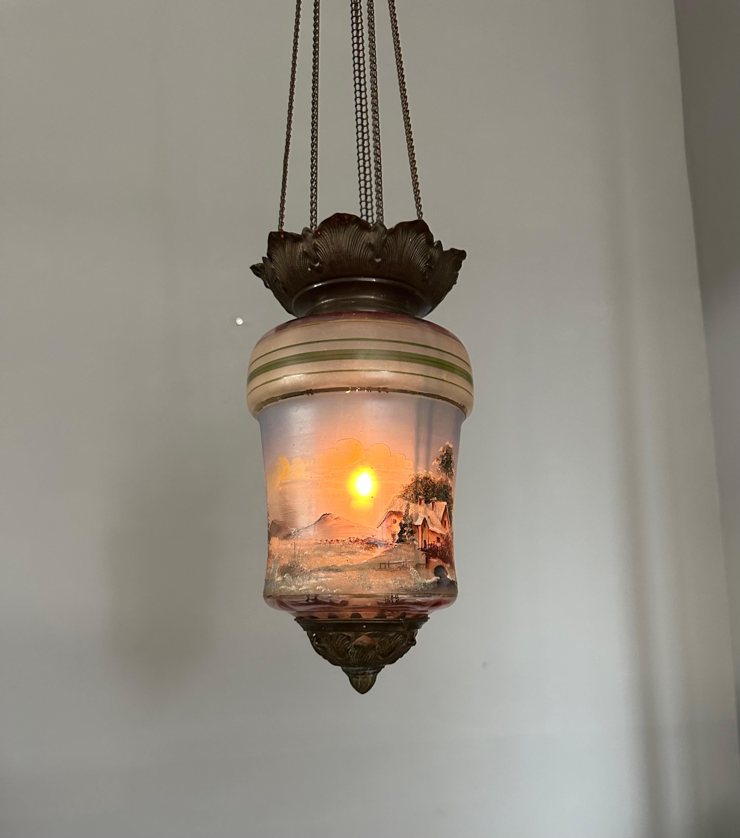 Rare Victorian Hand-Painted Glass Candle Lantern Pendant with Lake House Scene For Sale 7
