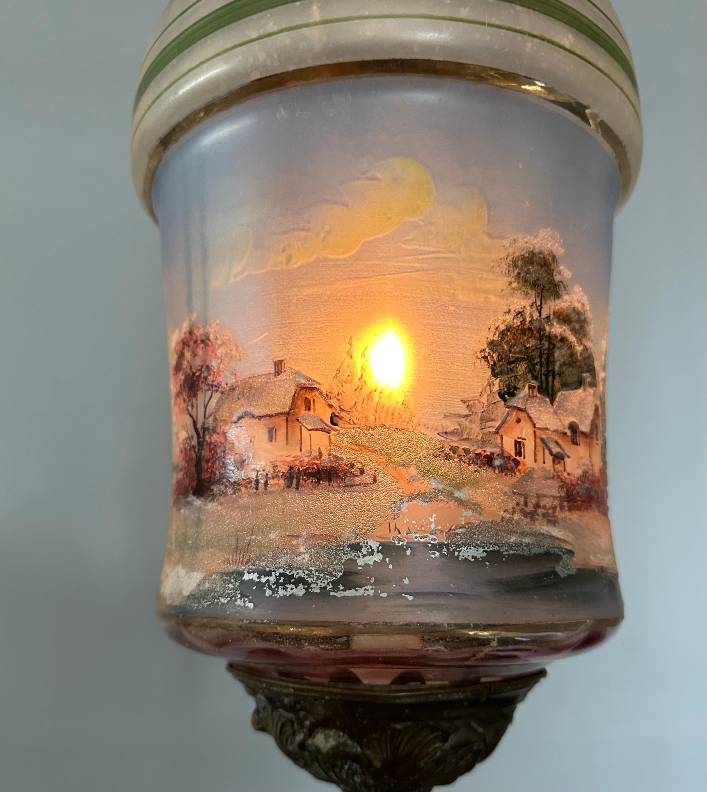 Rare Victorian Hand-Painted Glass Candle Lantern Pendant with Lake House Scene For Sale 11