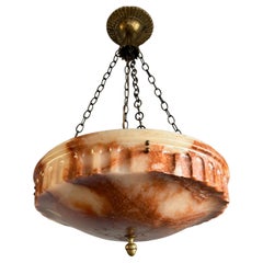 Large D 19.5Ø" Antique Alabaster Pendant Light with Rare Flameboyant Color Shade