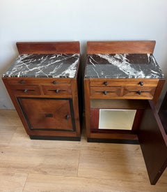 Pair of Arts & Crafts Oak Nightstands w. Marble Tops & Original Pull-Out Shelves