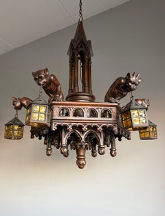Large Gothic Revival Oak Chandelier with Six Gargoyles Holding Lanterns