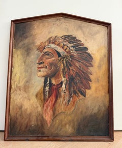 1940s Hand Painted Native American Chief Portrait on Wood Panel, Oak Frame
