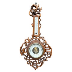 Rare French Japonisme Hand Carved Dragon Barometer & Thermometer, circa 1890