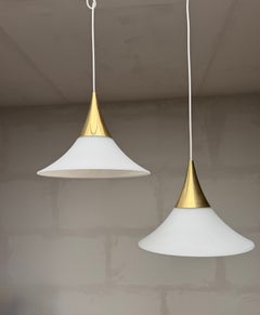Pair of Glashütte Limburg Opaline Glass & Brass Pendant Lights, 1970s