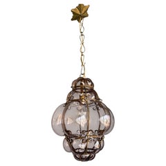Rare 1940s Smoked Amethyst Glass & Brass Floral Cage Pendant Light