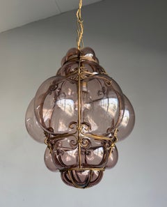 Rare 1940s Smoked Amethyst Glass & Brass Floral Cage Pendant Light