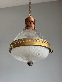 Antique Arts & Crafts Holophane 4010 D Copper & Brass Pendant Light