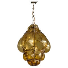 1950s Venetian Amber-Gold Hand-Blown Glass Pendant Light with Original Chain
