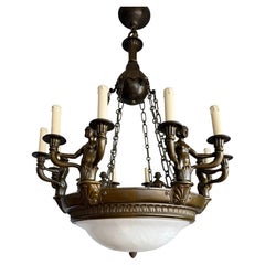 Exceptional Jugendstil / Early Art Deco Figural Bronze and Alabaster Chandelier