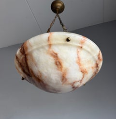Rare Red and White Veined Art Deco Alabaster Pendant Chandelier, circa 1925