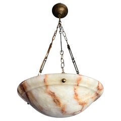 Rare Red and White Veined Art Deco Alabaster Pendant Chandelier, circa 1925