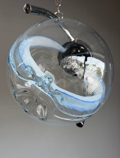 Sculptural 1970s Murano Glass Globe Pendant with Blue Swirl and Chrome