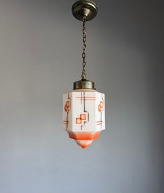 1920s Art Deco Hexagonal Opaline Glass Pendant with Orange Geometric Decor