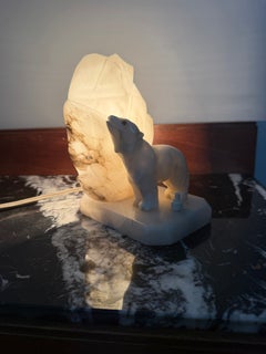 Art Deco Carved Alabaster Polar Bear and Iceberg Table Lamp, circa 1930