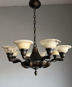 Stylish & Perfect Size Bronze Art Deco Chandelier / Pendant w. Alabaster Shades
