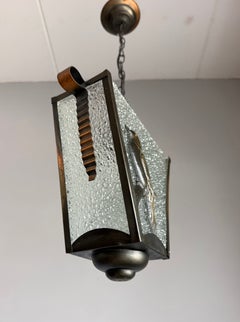 1920s European Arts and Crafts Brass Bird Pendant Light, Textured Glass