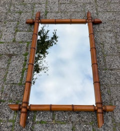 Antique French Faux Bamboo Beechwood Wall Mirror with Warm Patina, 33 Inches