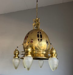 Rare Monumental Arts & Crafts Brass 7-Light Chandelier in Diver’s Helmet Form