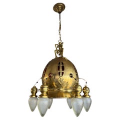 Rare Monumental Arts & Crafts Brass 7-Light Chandelier in Diver’s Helmet Form