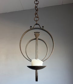 Mid-Century European Brutalist Hand-Forged Iron Two-Candle Sculptural Chandelier