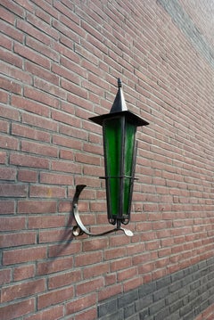 Vintage Iron Outdoor Wall Lantern, Original Green Glass, Tall European Design