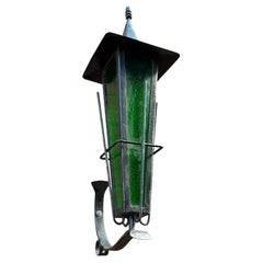 Vintage Iron Outdoor Wall Lantern, Original Green Glass, Tall European Design