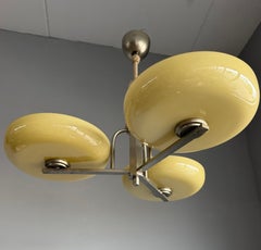 Art Deco Three-Light Chandelier with Yellow Glass Bowls, Knotted Cord and Tassel