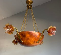 Gilt Bronze Floral Chandelier with Alabaster Bowl and Four Rose Glass Shades